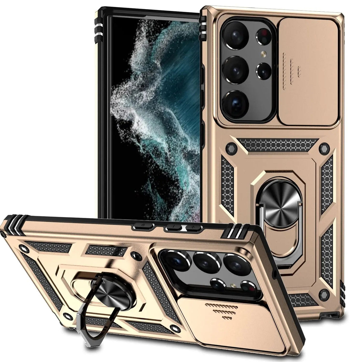 Coque de téléphone avec support et protection des objectifs pour Samsung Galaxy S23 Series, antichoc, en silicone | Sulvida