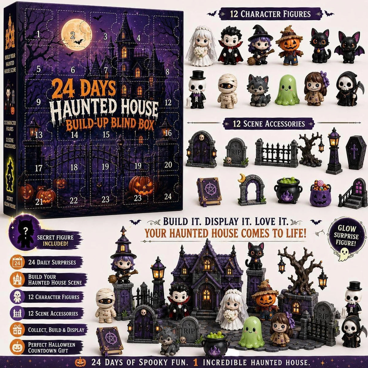 Halloween Aftelkalender 24 Dagen Spookhuis Minifiguren Verrassing Decoratie Thema Cadeauset Kinderen PVC | Sulvida