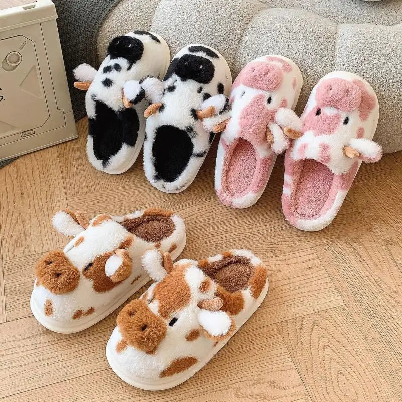 Casual Fluffy Slippers Vrouwen Huis Leuke Cartoon Koe Designer Schoenen Meisje Platte Mode Elegante Pluche Winter Platform Schoeisel Thuis