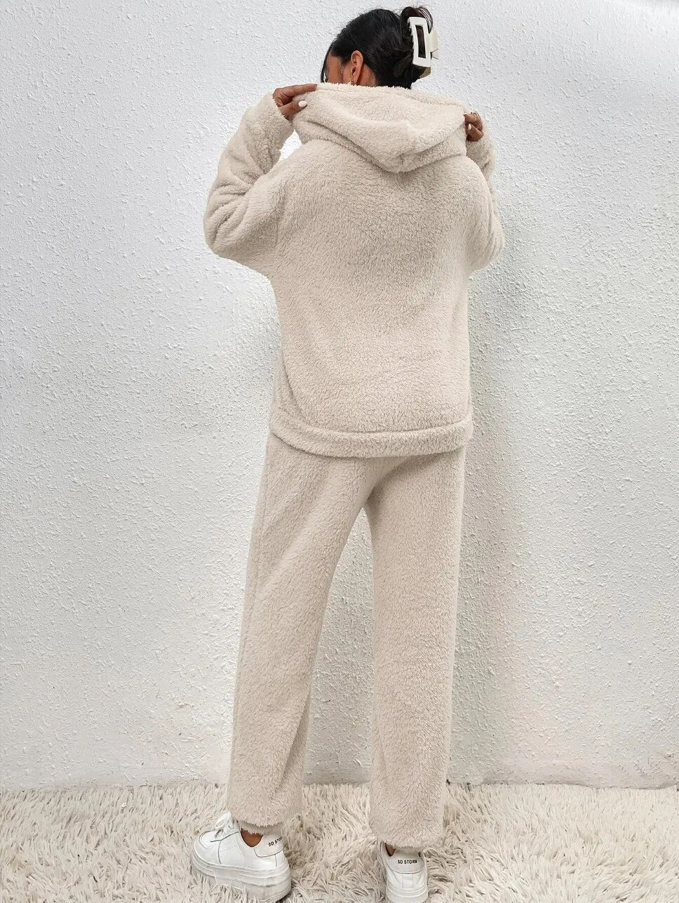 Teddy Huispak met Capuchon Kangoeroezak Dames Winter Loungewear Fleece Homewear Comfortset Relaxkleding | Sulvida