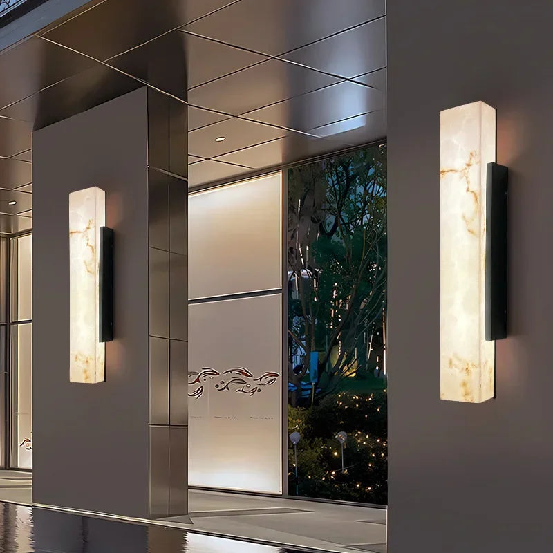 Rechthoekige wandlamp buiten met natuursteeneffect verlichtingskolom buitenverlichting 50-80cm tuin terras | Sulvida