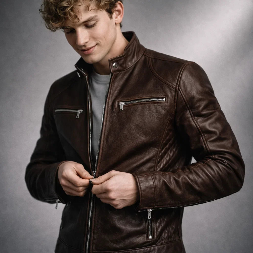 Leren Bikerjack Heren Motorjack Café Racer Stijl Staande Kraag Ritszakken Slim Fit Zwart Echt Leer Classic | Sulvida