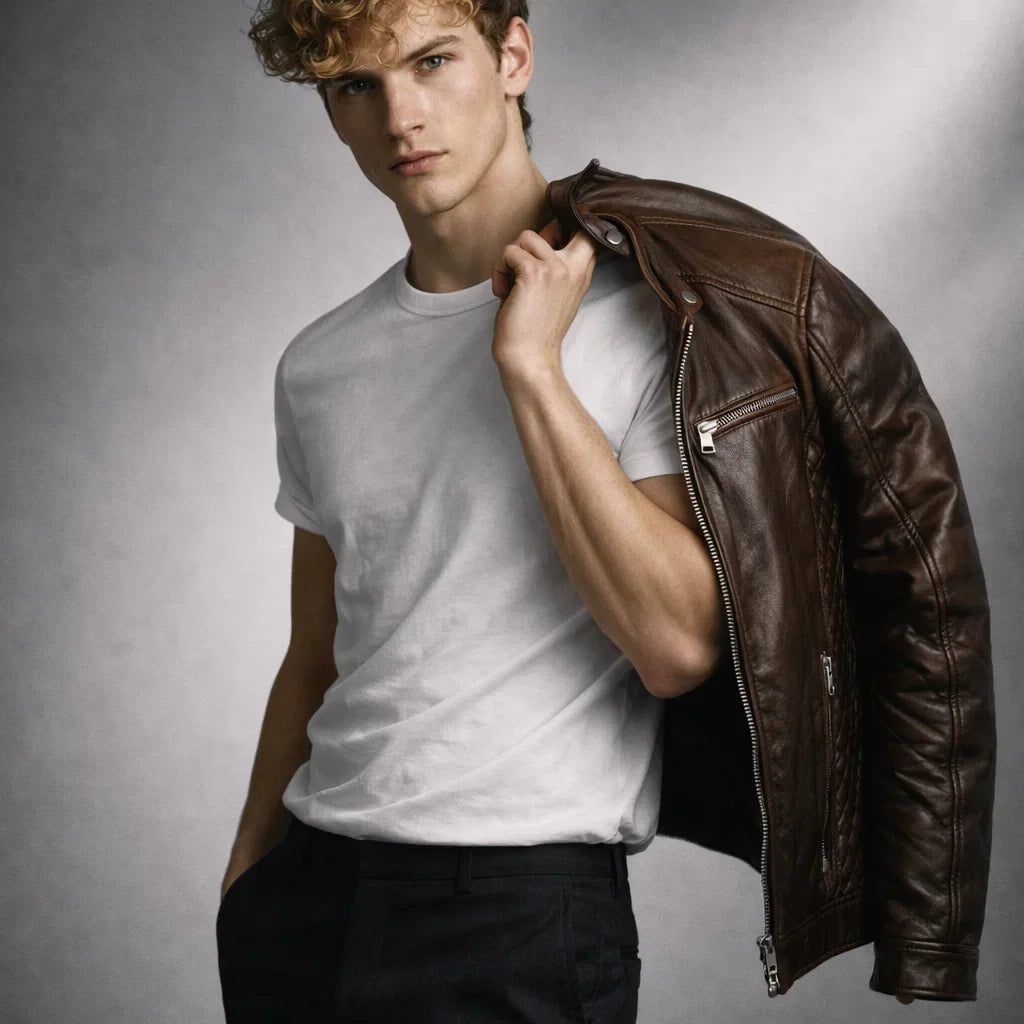 Leren Bikerjack Heren Motorjack Café Racer Stijl Staande Kraag Ritszakken Slim Fit Zwart Echt Leer Classic | Sulvida