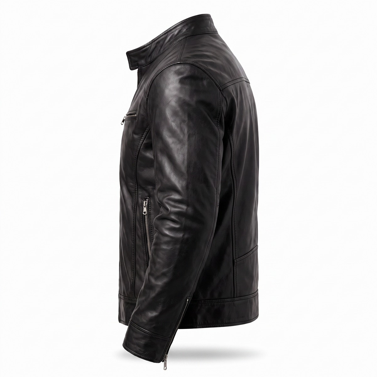 Leren Bikerjack Heren Motorjack Café Racer Stijl Staande Kraag Ritszakken Slim Fit Zwart Echt Leer Classic | Sulvida