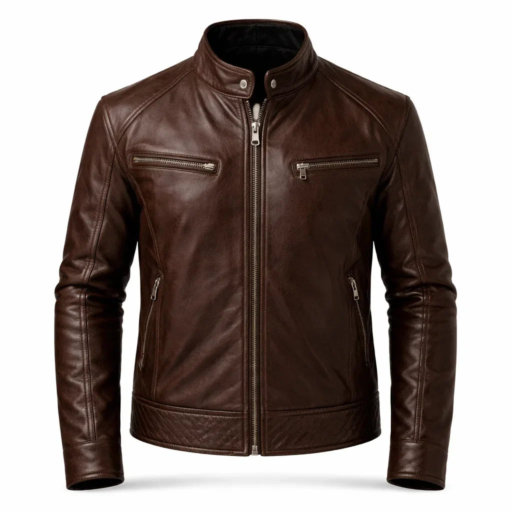 Leren Bikerjack Heren Motorjack Café Racer Stijl Staande Kraag Ritszakken Slim Fit Zwart Echt Leer Classic | Sulvida