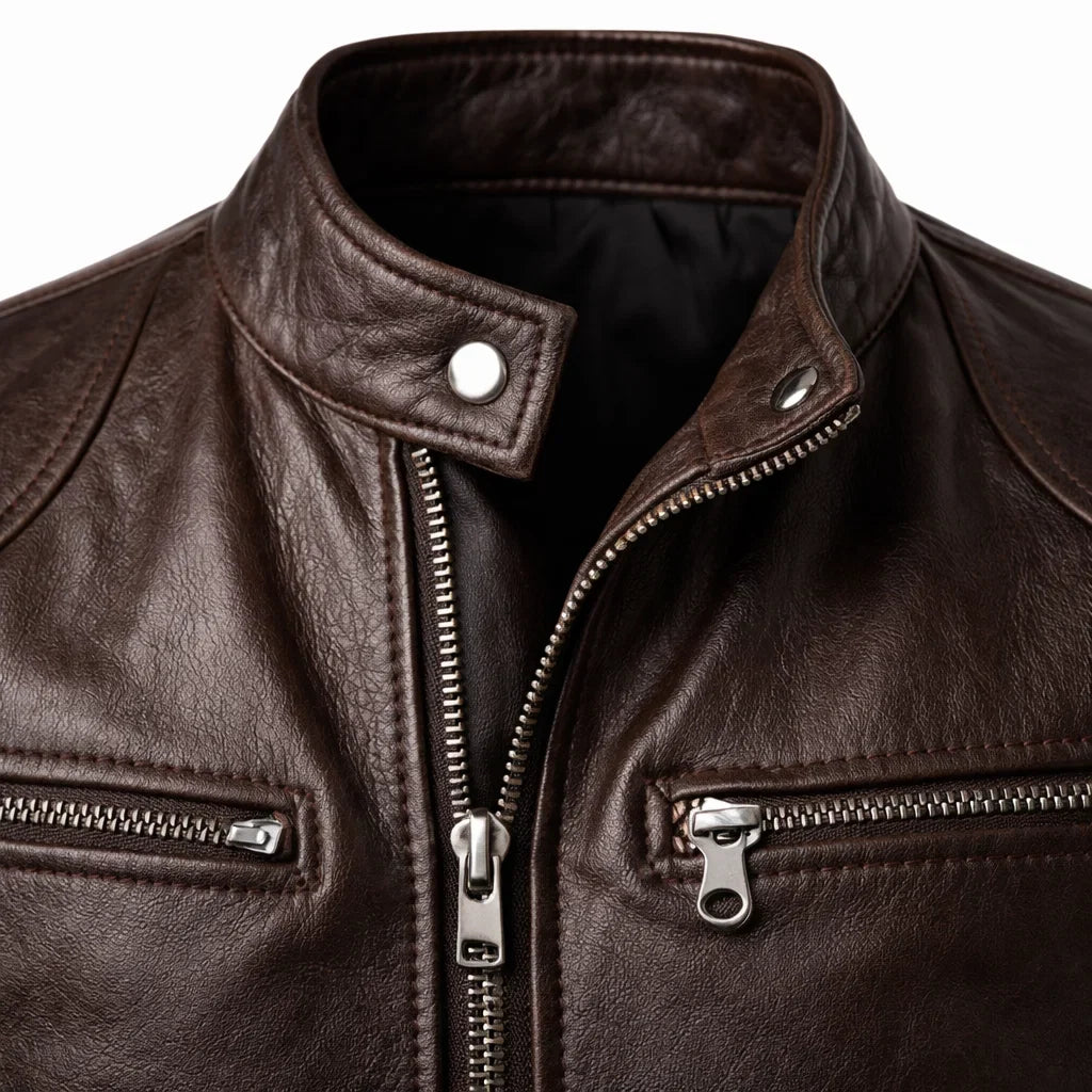 Leren Bikerjack Heren Motorjack Café Racer Stijl Staande Kraag Ritszakken Slim Fit Zwart Echt Leer Classic | Sulvida