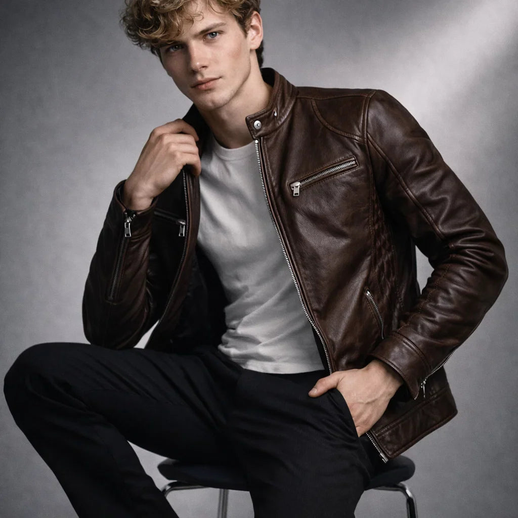 Leren Bikerjack Heren Motorjack Café Racer Stijl Staande Kraag Ritszakken Slim Fit Zwart Echt Leer Classic | Sulvida