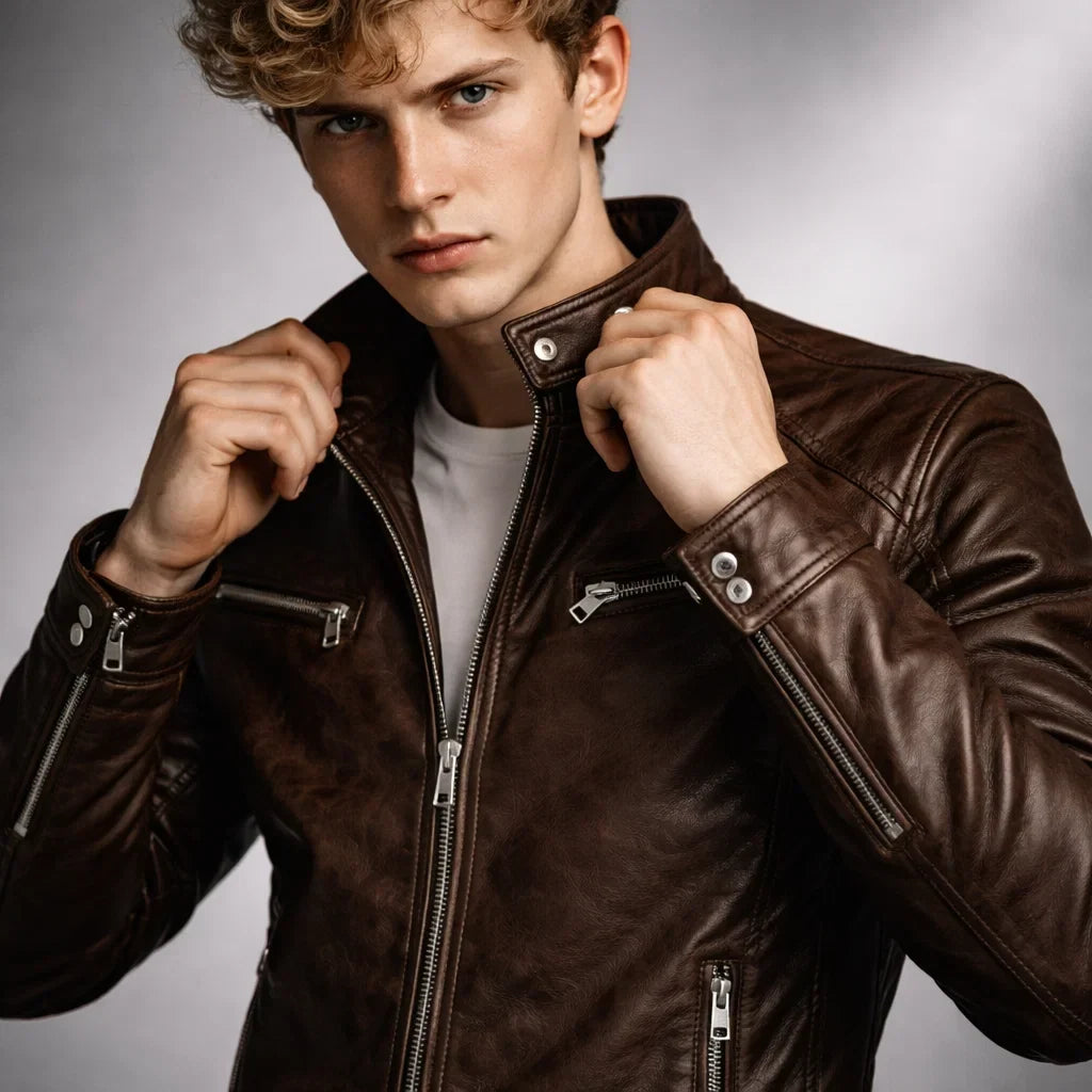 Leren Bikerjack Heren Motorjack Café Racer Stijl Staande Kraag Ritszakken Slim Fit Zwart Echt Leer Classic | Sulvida