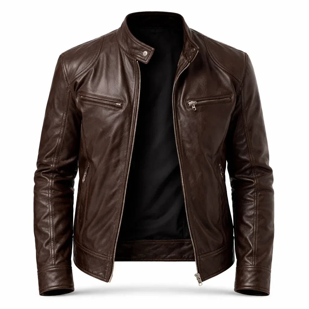Leren Bikerjack Heren Motorjack Café Racer Stijl Staande Kraag Ritszakken Slim Fit Zwart Echt Leer Classic | Sulvida