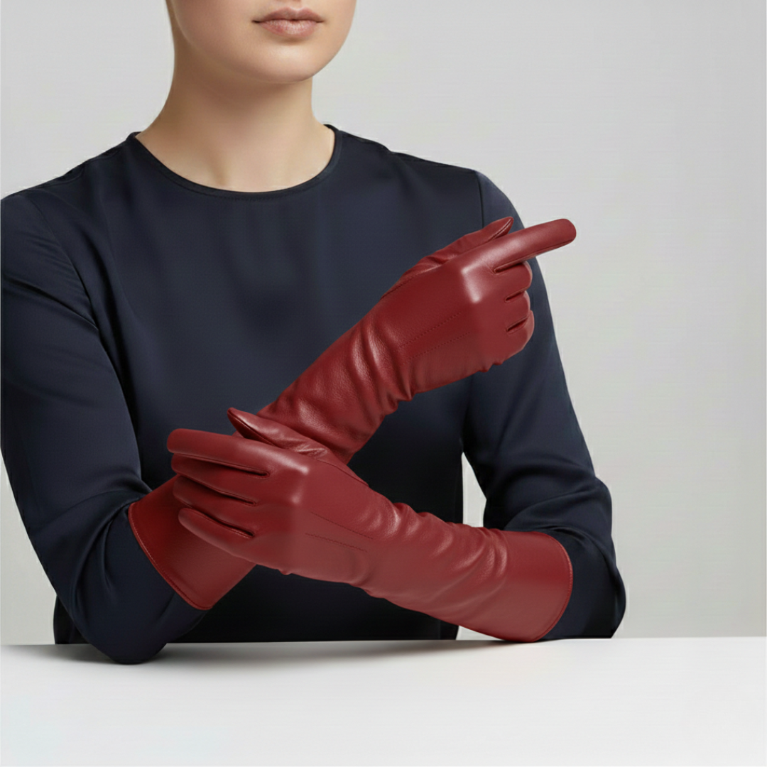 Lange Leren Handschoenen Dames Ellebooglengte Zwart Rood Wit Gevoerd Winter Elegant Stijlvol Warm Luxe | Sulvida