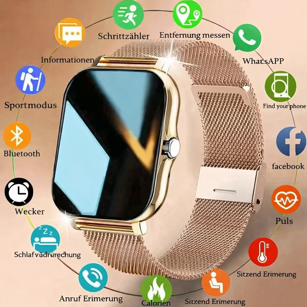 Multifunctioneel Smartwatch met Gezondheidsmonitoring en Fitnesstracking – Premium Dames Horloge met Hartslag, Bloeddruk en Slaapanalyse – Elegante Design Smartwatch voor iOS en Android | Sulvida