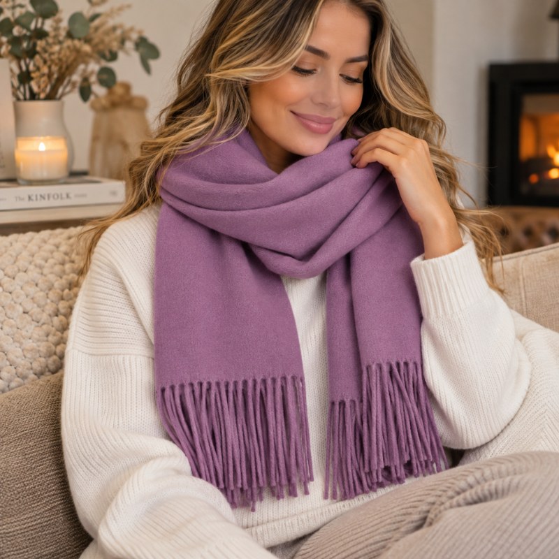 Écharpe à franges unie et douce, élégante étole, accessoire d’hiver et tour de cou chaud et confortable | Sulvida