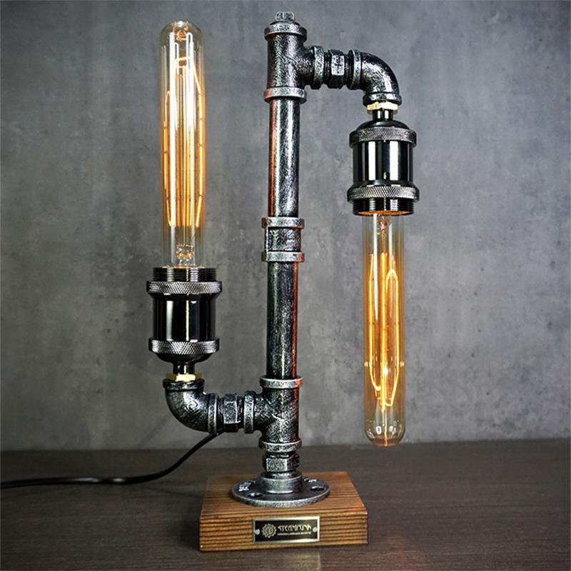 Industriële Tafellamp met Houten Voet en IJzeren Pijpframe voor Vintage Interieur Woonkamer Slaapkamer | Sulvida