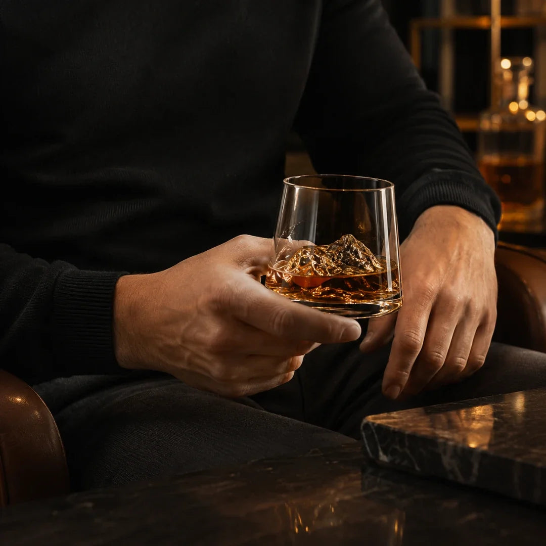 Whiskyglas aus Kristall mit bergförmigem Boden, 220ml - stilvolles Trinkglas für Whisky, Cognac und Spirituosen zu Hause | Sulvida