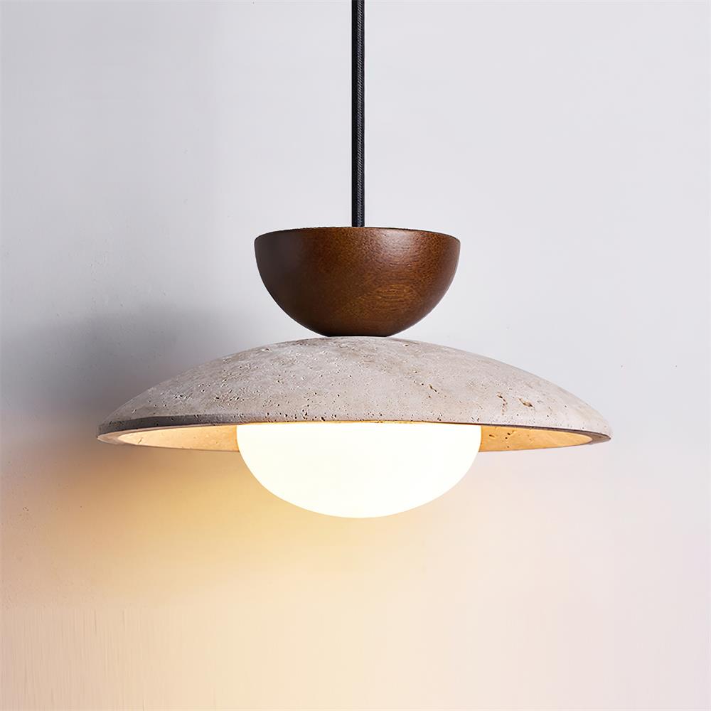 Hanglamp met Travertijn en Hout - Natuurlijke Sfeerverlichting voor Eetkamer Entree Woonkamer en Keuken | Sulvida