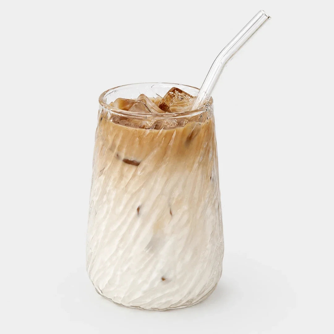 Gedraaid Glas met Rietje Set Handgeblazen Borosilicaat Koffieglas Ribbelstructuur 400ml Drinkglas Glaswerk | Sulvida