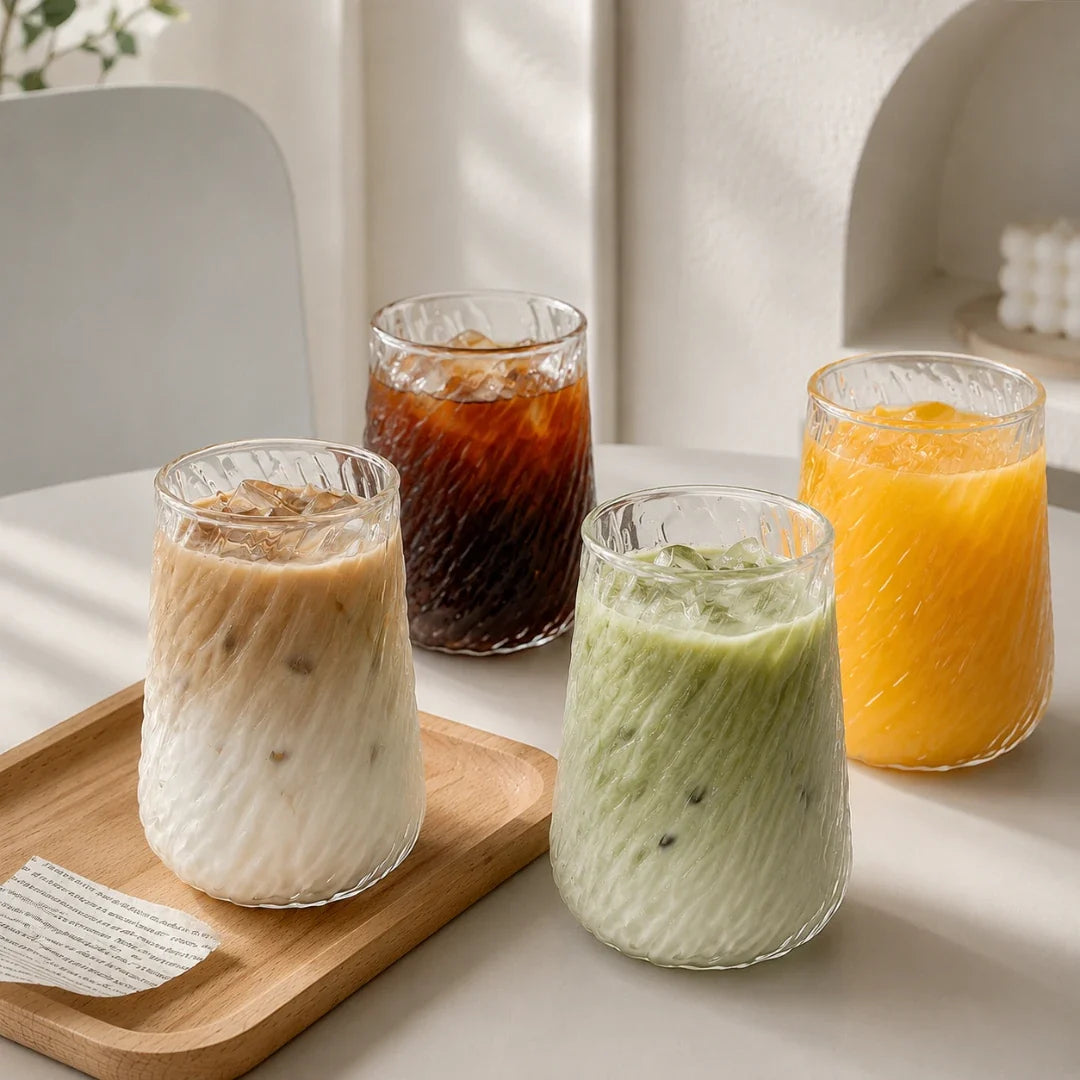 Gedraaid Glas met Rietje Set Handgeblazen Borosilicaat Koffieglas Ribbelstructuur 400ml Drinkglas Glaswerk | Sulvida