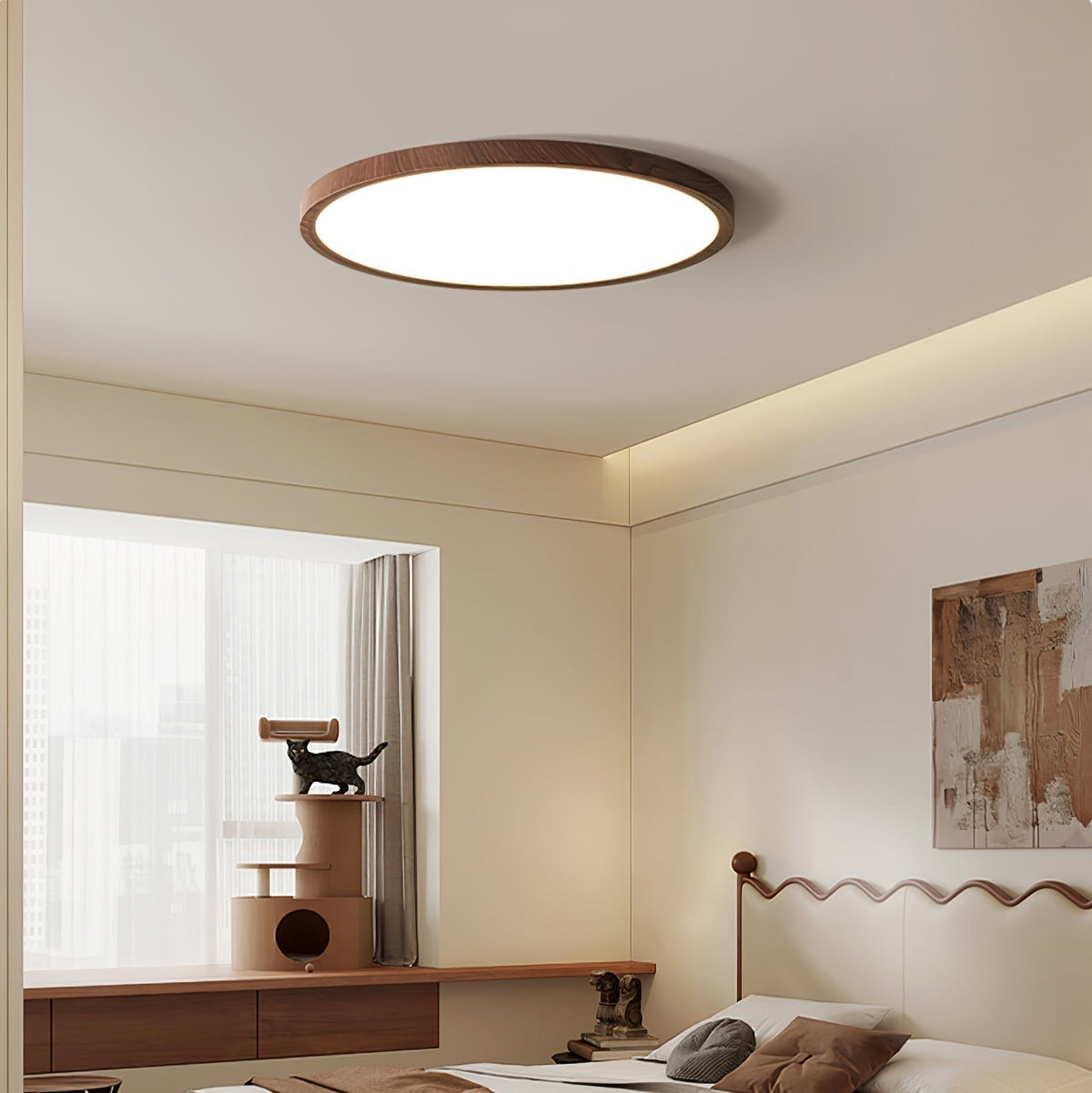 Ultradunne Ronde Plafondlamp Notenhout-Look LED Verlichting Warm Licht Woonkamer Slaapkamer Modern Design Plafond | Sulvida