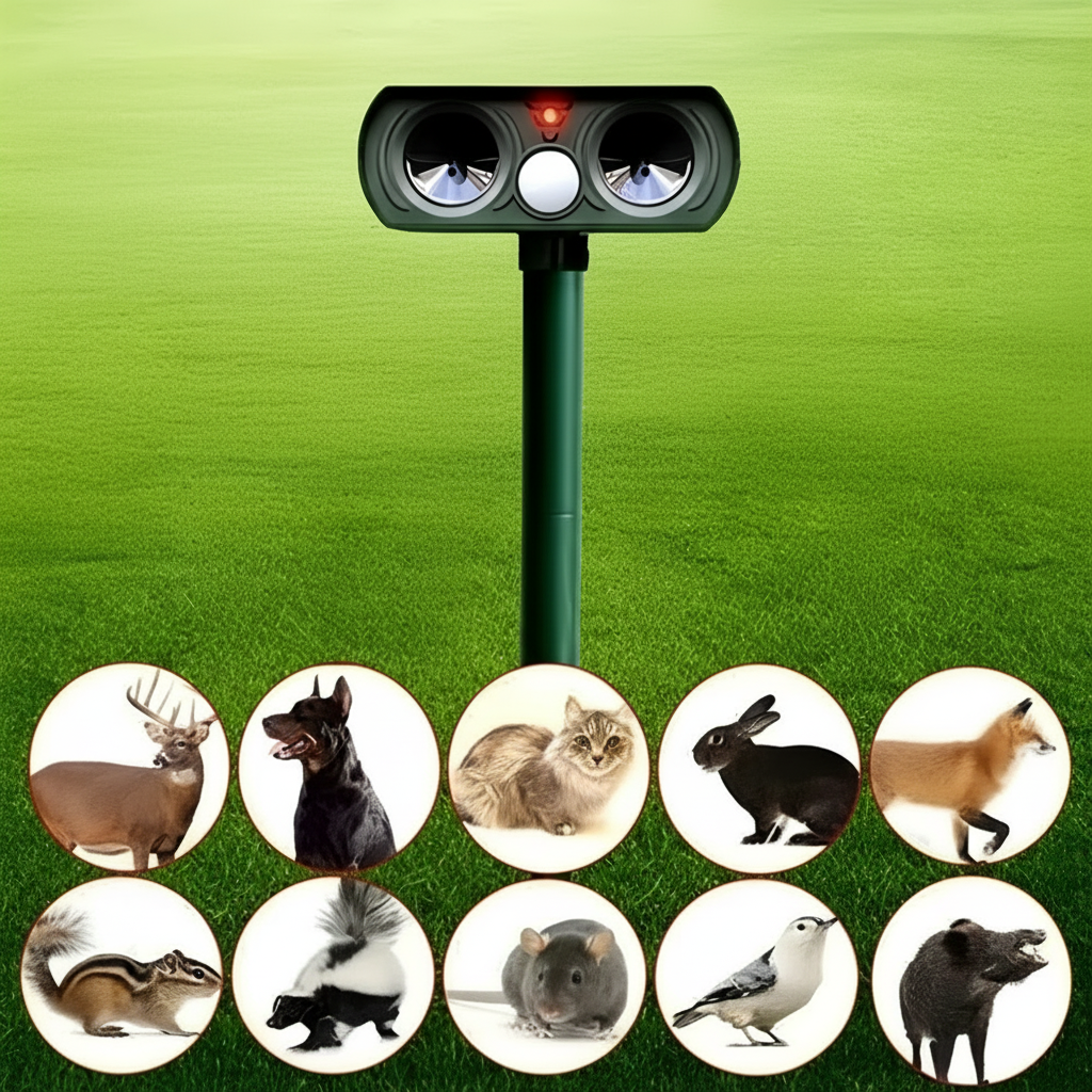 Ultrasone dierenverjager op zonne-energie tuinbescherming PIR-sensor IP66 waterdicht 8-10 meter bereik | Sulvida
