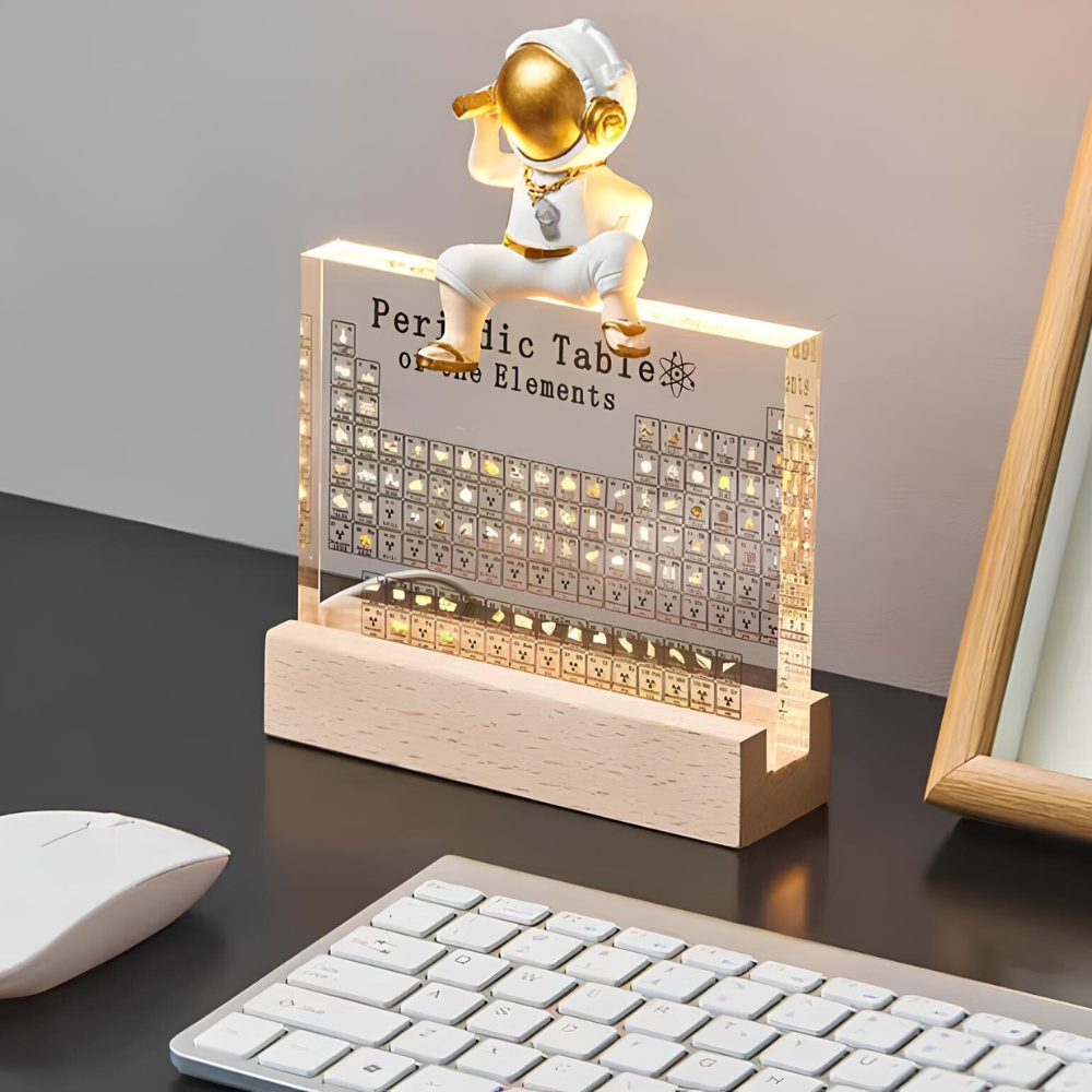 Verlicht Periodiek Systeem met 83 Echte Elementen Acryl Display Houten Voet LED Educatief Decoratief | Sulvida