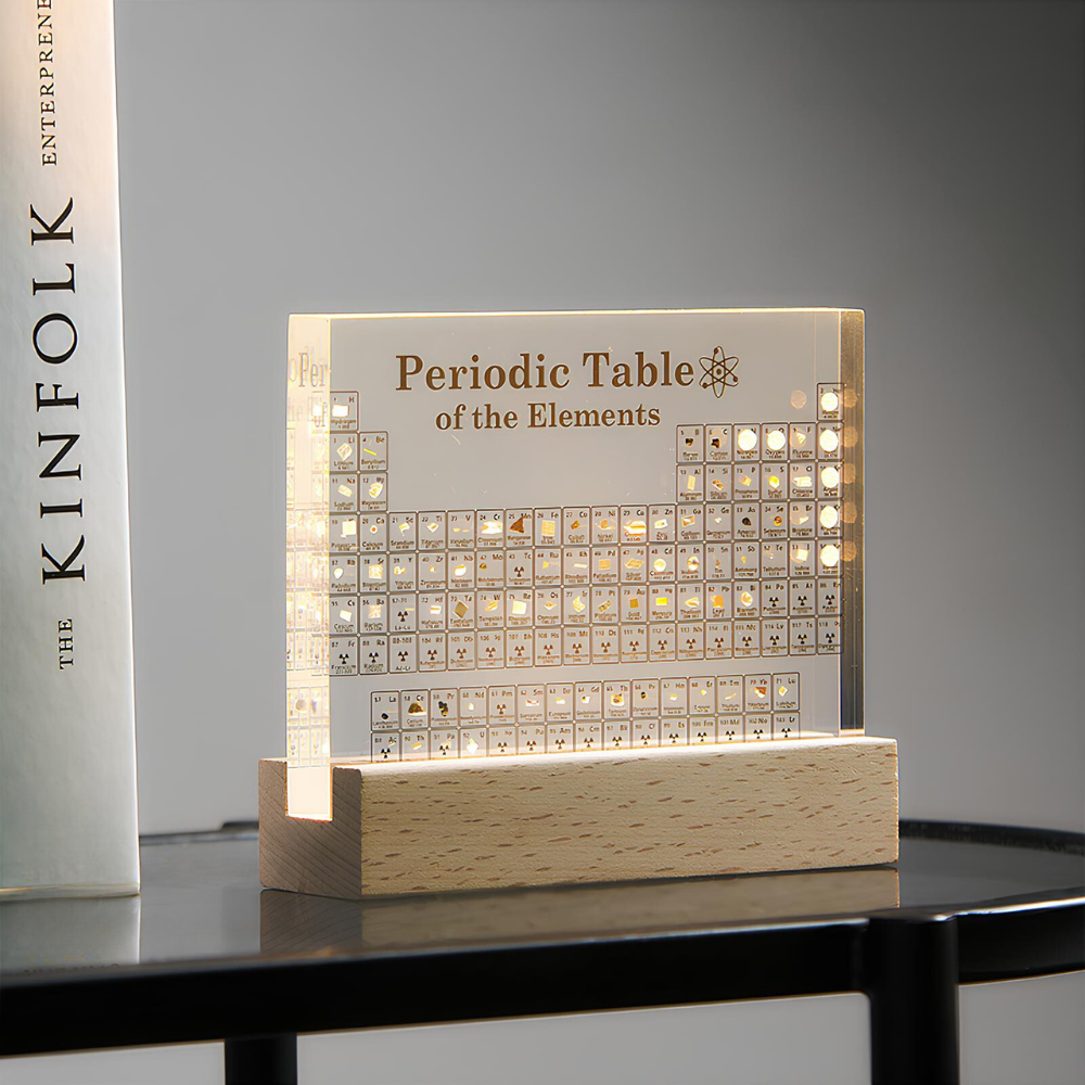 Verlicht Periodiek Systeem met 83 Echte Elementen Acryl Display Houten Voet LED Educatief Decoratief | Sulvida