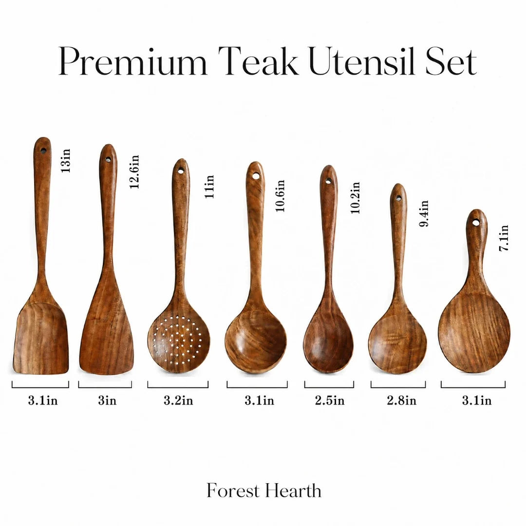 Teakhouten Keukengerei Set 7-delig Ecologisch Kookgereedschap Hittebestendig Antikleef Natuurlijk Hout | Sulvida