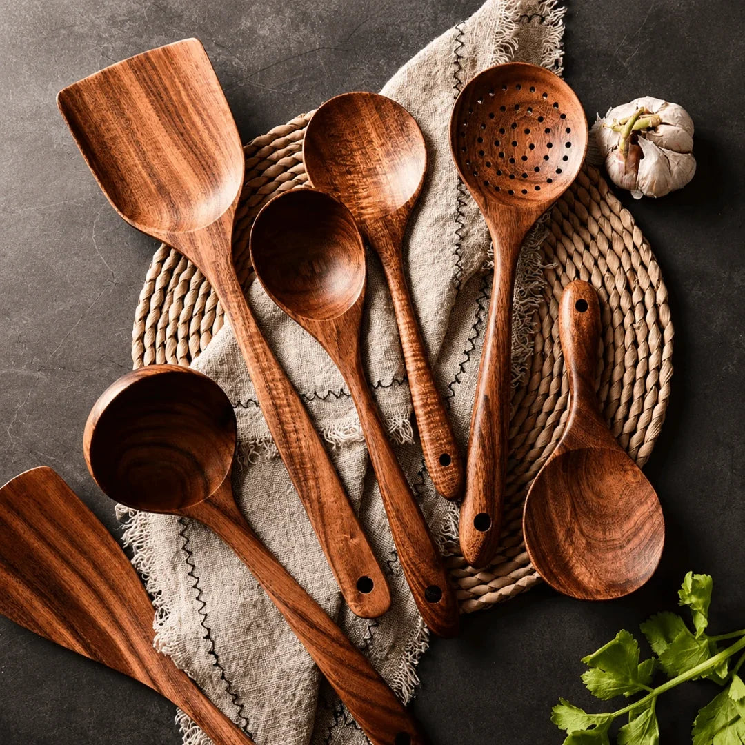 Teakhouten Keukengerei Set 7-delig Ecologisch Kookgereedschap Hittebestendig Antikleef Natuurlijk Hout | Sulvida