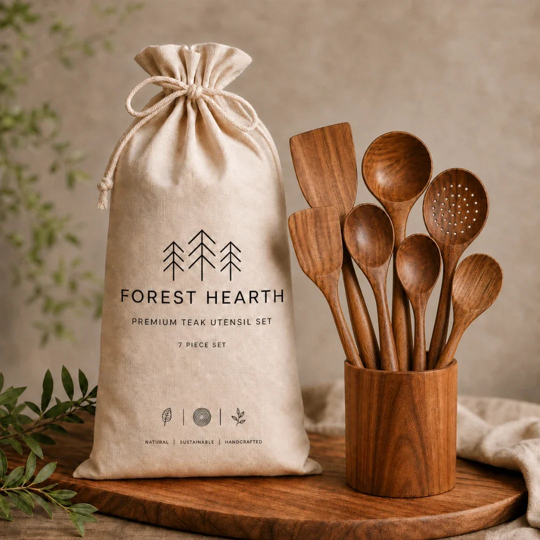 Teakhouten Keukengerei Set 7-delig Ecologisch Kookgereedschap Hittebestendig Antikleef Natuurlijk Hout | Sulvida
