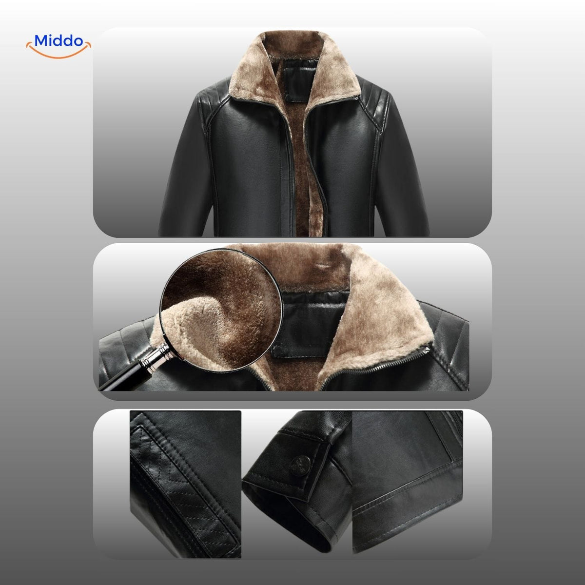 Leren jas met luxe bontvoering zwart bruin winterjas heren dames warme jas mode klassiek design stijlvol | Sulvida