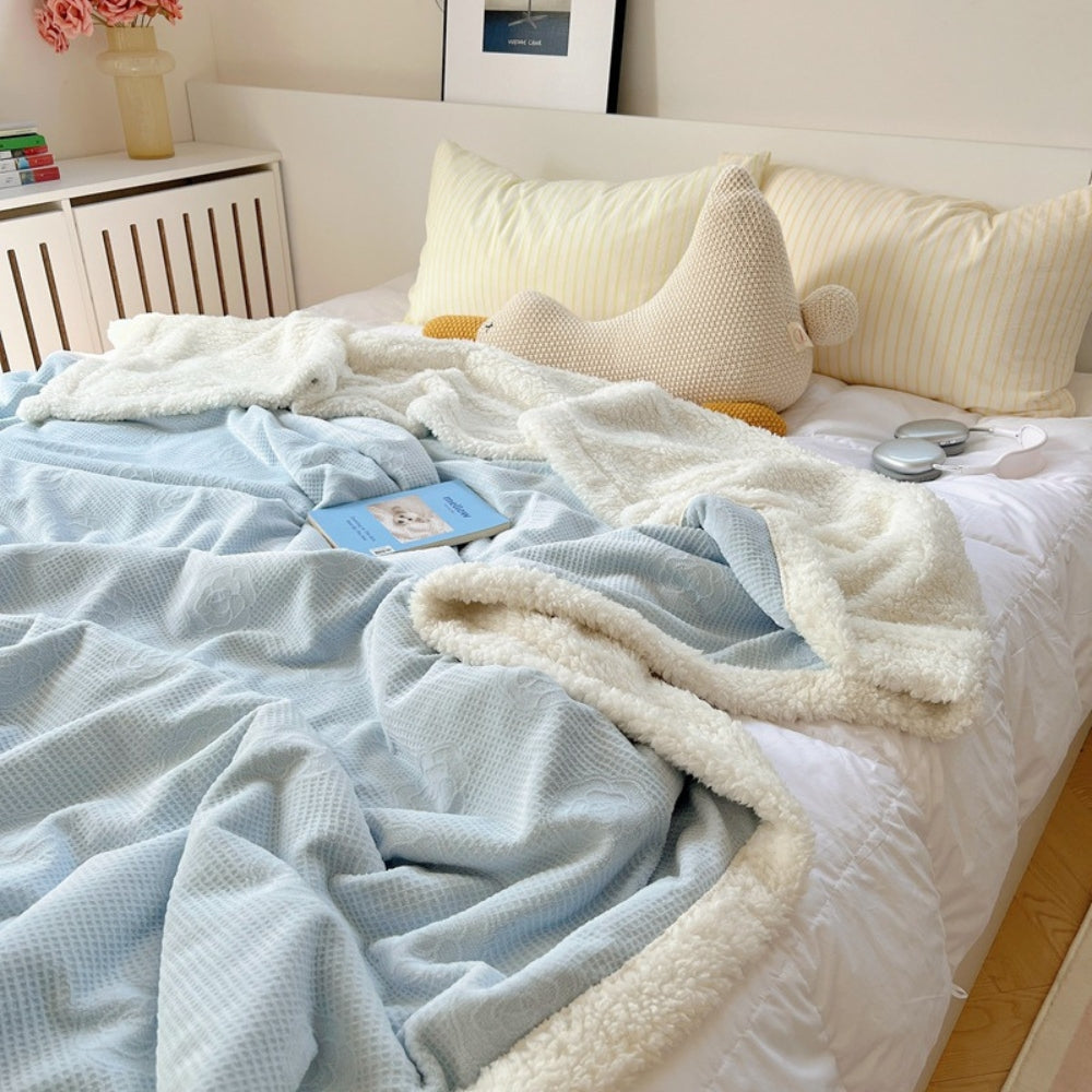 Dubbellaagse Teddy Deken met Bloemenreliëf – Zachte Sherpa Plaid voor Bank & Bed – Champagne Roze Woonplaid | Sulvida