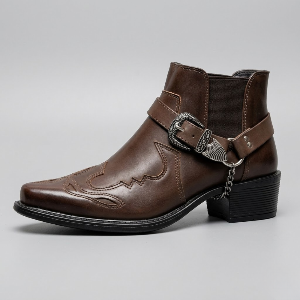 Bottes de cowboy pour homme à bout pointu avec boucle, montantes, en cuir, vintage, style western, noires ou marron, classiques, robustes et rétro | Sulvida
