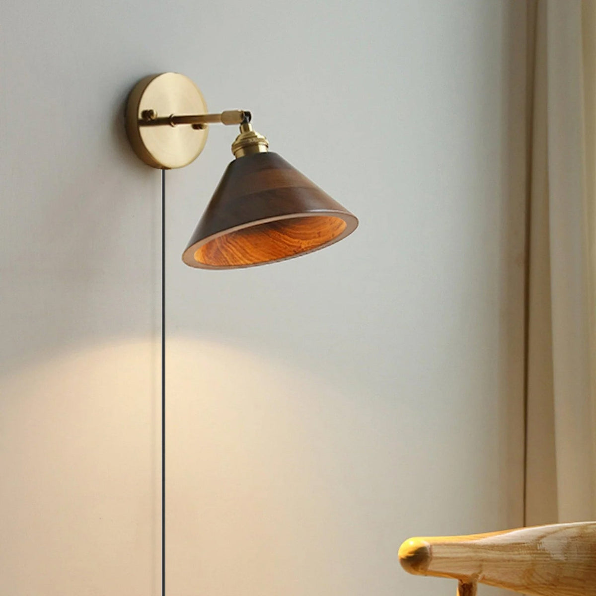 Vintage Wandlamp Hout met Trekschakelaar Dome Kap Messing E26 E27 Slaapkamer Woonkamer Warm Sfeerlicht Retro | Sulvida