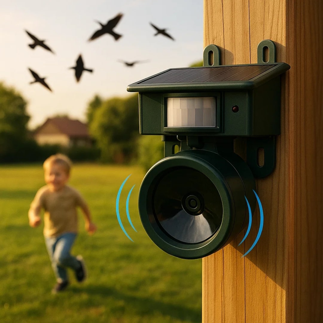Vogelafweersysteem met PIR-sensor en natuurlijke roofdiergeluiden voor bescherming tegen duiven, kraaien en eksters | Sulvida