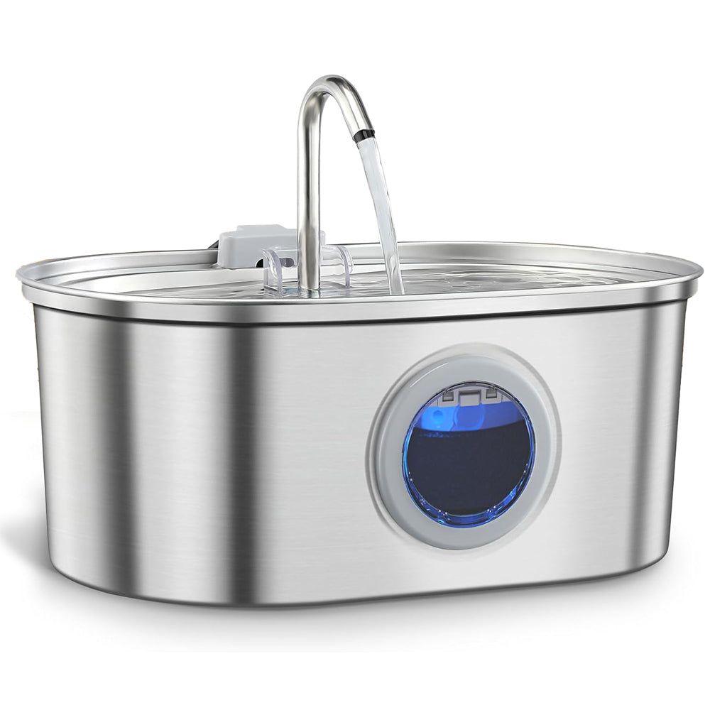 Fontaine à eau en acier inoxydable pour animaux, 3,2L, fenêtre de niveau d’eau, double filtration, pompe silencieuse, pour chats et chiens | Sulvida