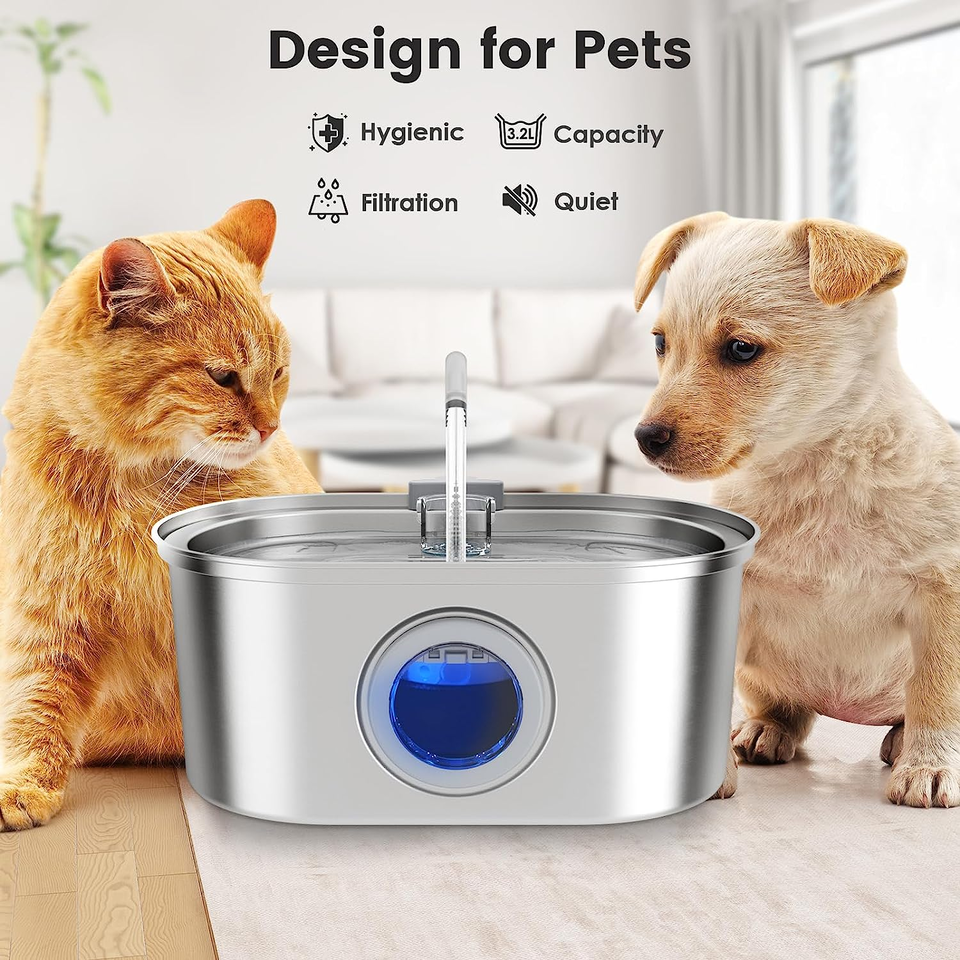 Fontaine à eau en acier inoxydable pour animaux, 3,2L, fenêtre de niveau d’eau, double filtration, pompe silencieuse, pour chats et chiens | Sulvida