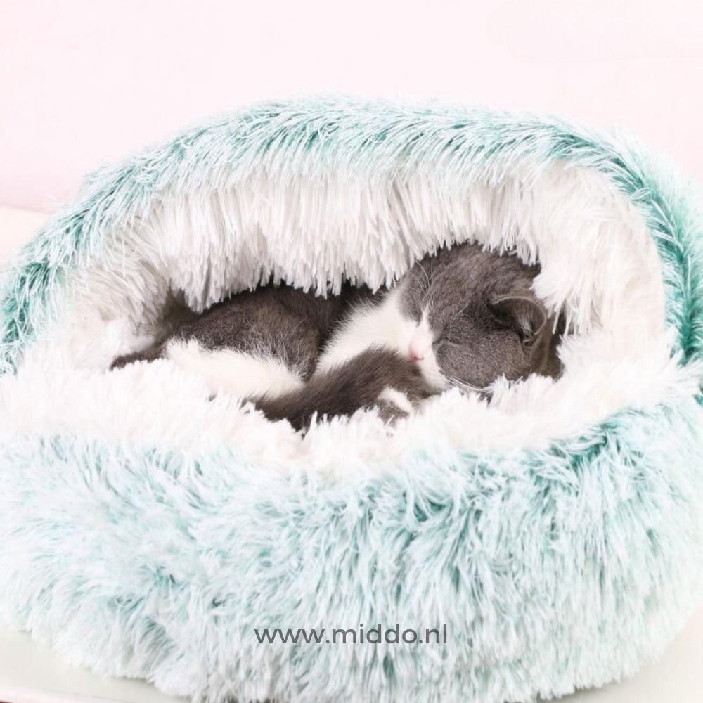 Rond pluche huisdiermand zacht nestbed voor katten en honden groen grijs bruin beige comfortabel ligplekje S M L XL | Sulvida