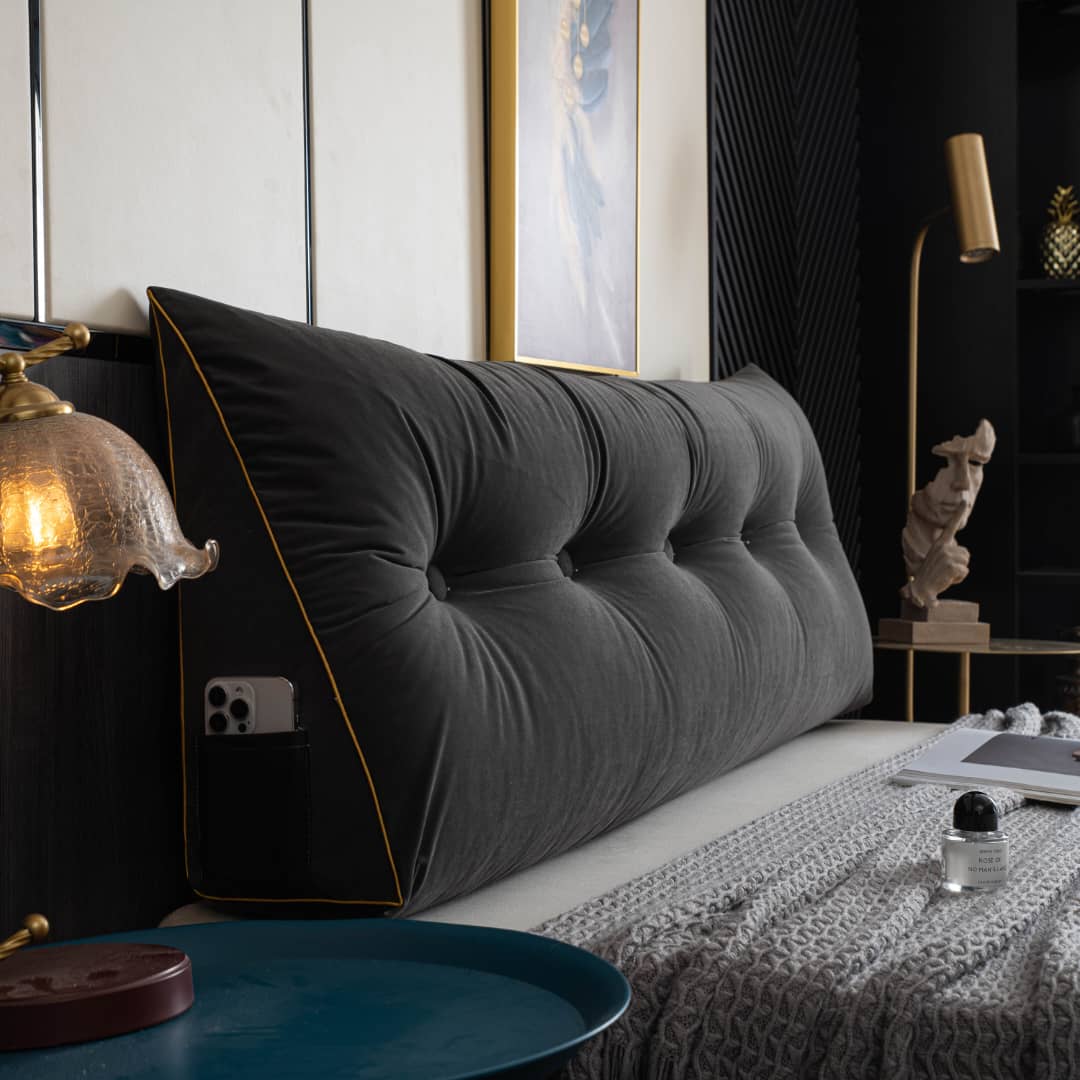 Driehoekig Rugsteun Leeskussen voor Bed en Bank met Opbergvak Wasbare Hoes Comfort Kussen Grijs Blauw | Sulvida