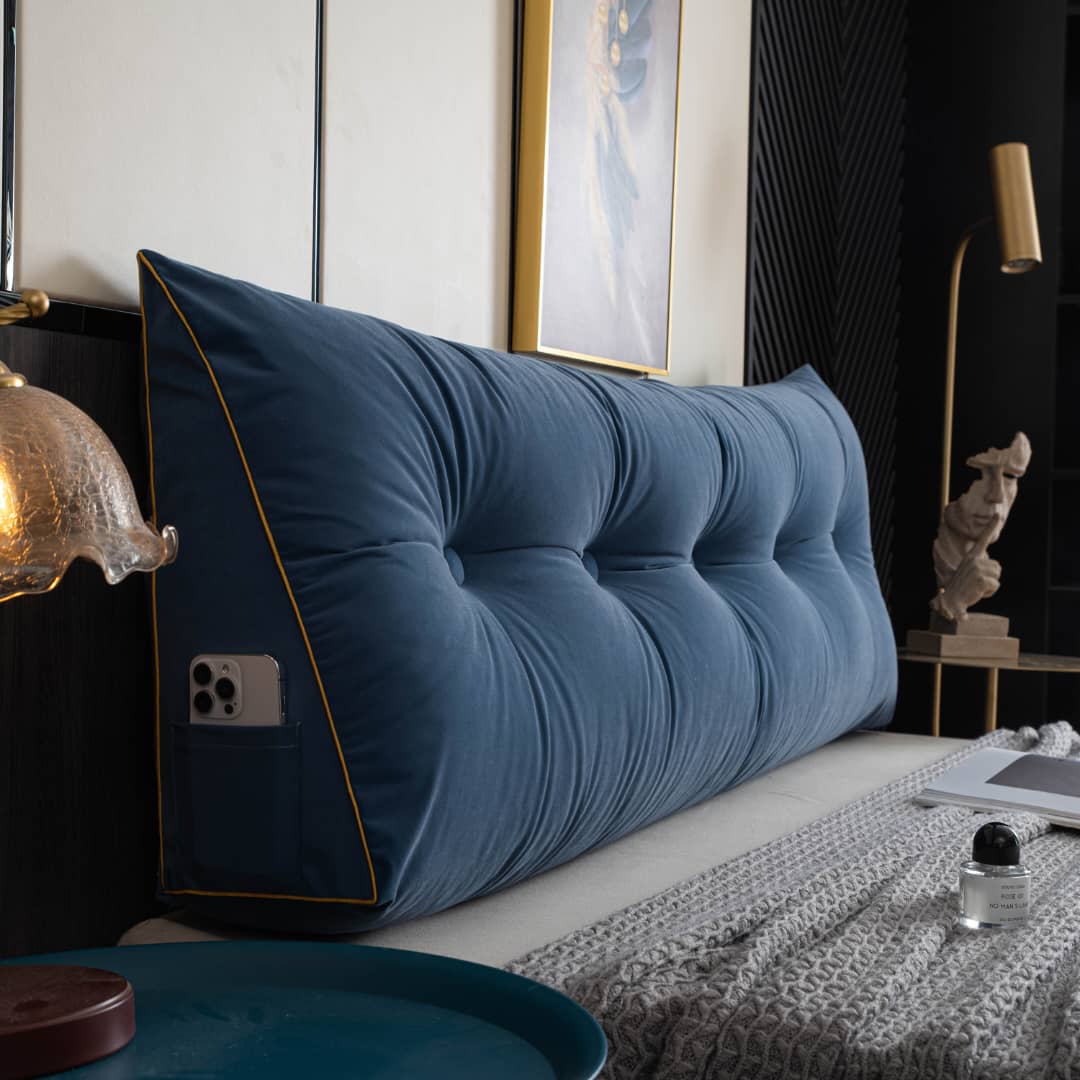 Driehoekig Rugsteun Leeskussen voor Bed en Bank met Opbergvak Wasbare Hoes Comfort Kussen Grijs Blauw | Sulvida