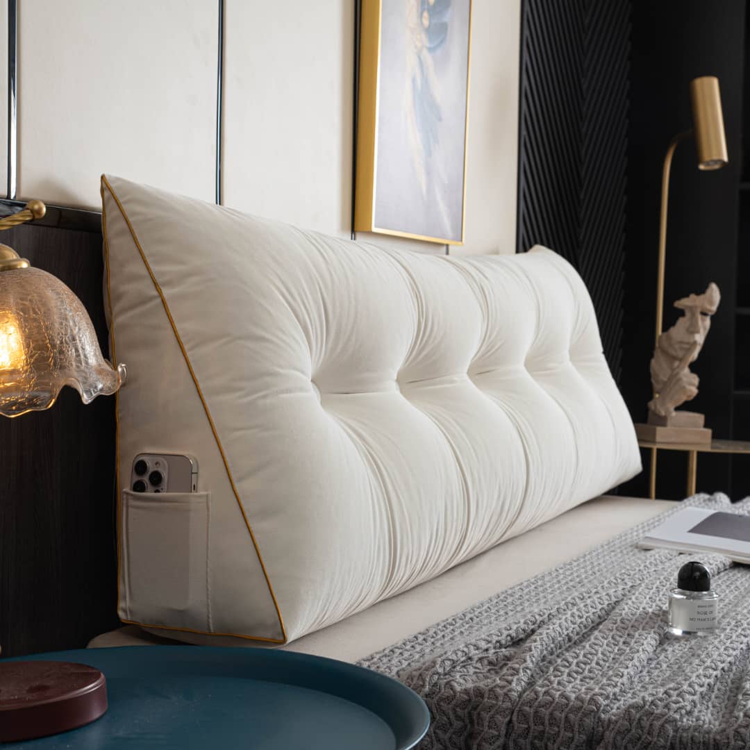 Driehoekig Rugsteun Leeskussen voor Bed en Bank met Opbergvak Wasbare Hoes Comfort Kussen Grijs Blauw | Sulvida
