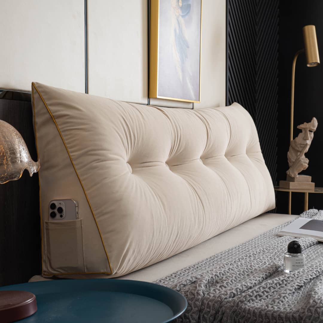 Driehoekig Rugsteun Leeskussen voor Bed en Bank met Opbergvak Wasbare Hoes Comfort Kussen Grijs Blauw | Sulvida