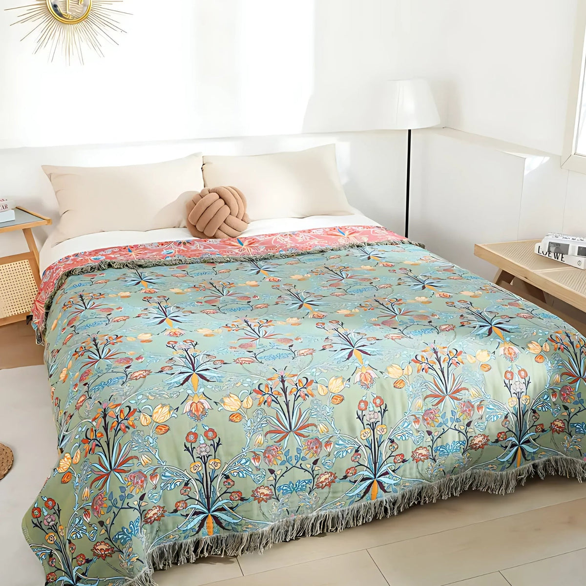 Omkeerbare Katoenen Sprei Wild Petal Jacquardweefsel Bloemenprint Kwastjes Bedsprei Plaid 200×230 cm | Sulvida
