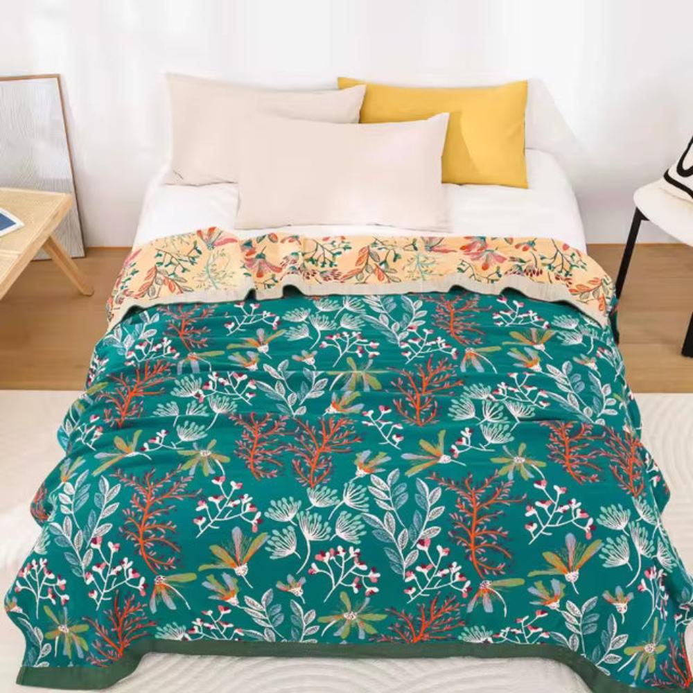 Plaid vierlaagsgeweven biologisch katoen 200×230 cm groen wit zachte deken woonkamer slaapkamer picknick | Sulvida