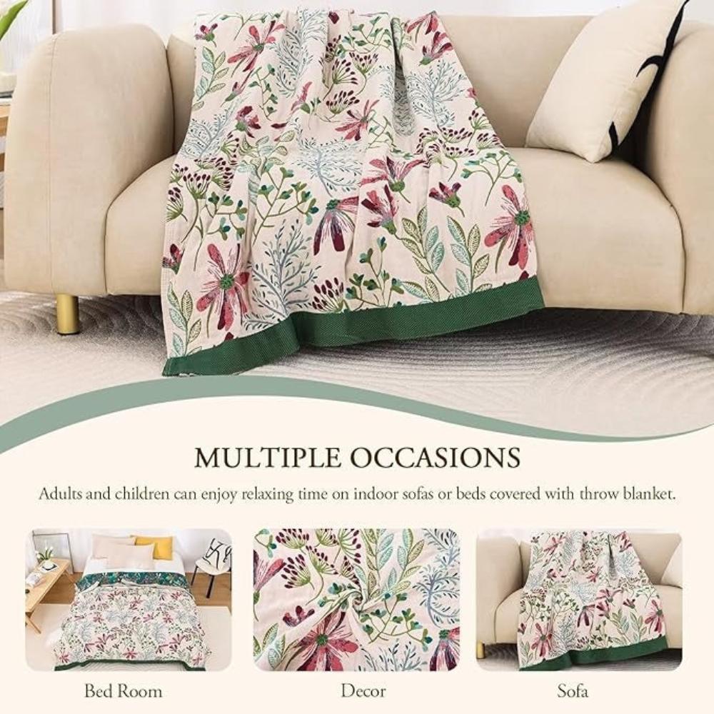 Plaid vierlaagsgeweven biologisch katoen 200×230 cm groen wit zachte deken woonkamer slaapkamer picknick | Sulvida