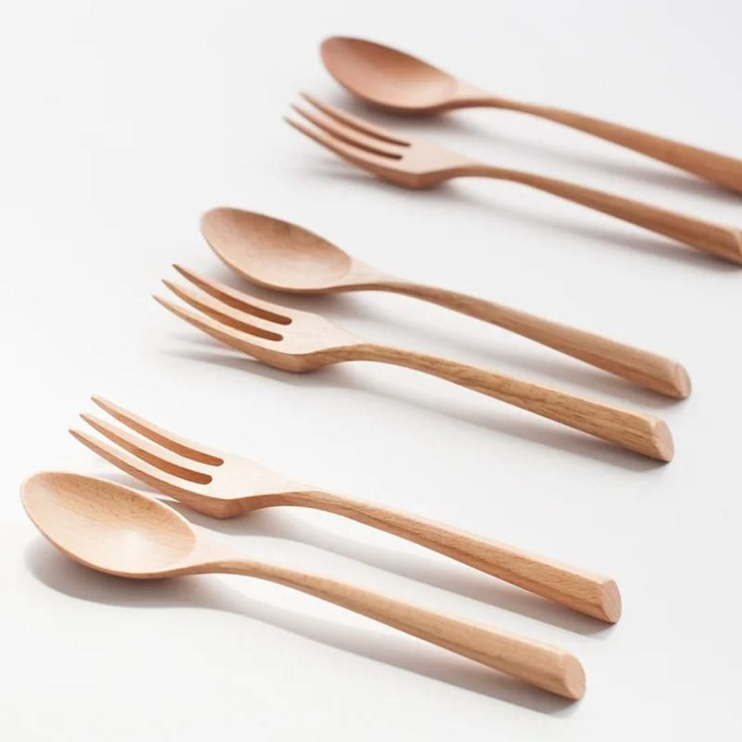 Bamboe Bestek Set Lepel en Vork Duurzaam Herbruikbaar Milieuvriendelijk Keukengerei Natuurlijk Hout 3 Stuks 19cm | Sulvida