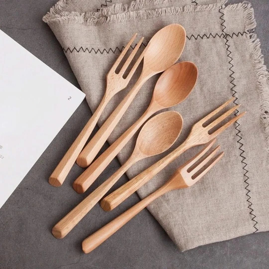 Bamboe Bestek Set Lepel en Vork Duurzaam Herbruikbaar Milieuvriendelijk Keukengerei Natuurlijk Hout 3 Stuks 19cm | Sulvida