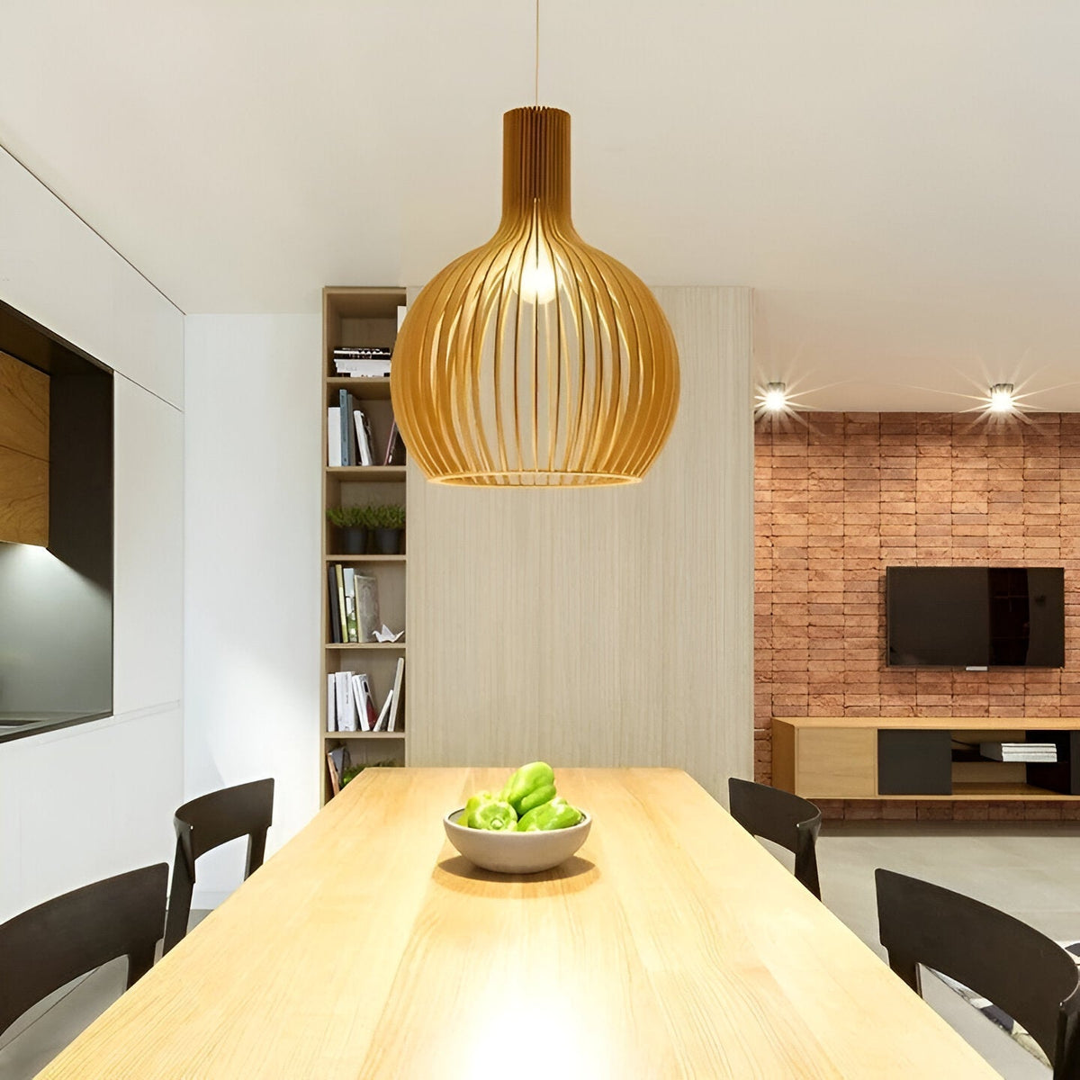 Houten hanglamp met gelaagde lamellen voor warme sfeerverlichting woonkamer eetkamer slaapkamer modern design | Sulvida