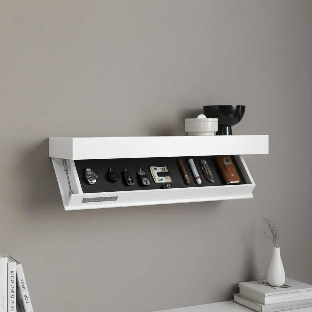 Zwevende Wandplank met Verborgen Opbergruimte Hout en Metaal 40×24×7 cm Wit Zwart Hout Minimalistisch | Sulvida