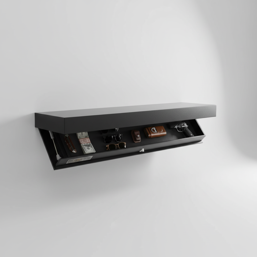 Zwevende Wandplank met Verborgen Opbergruimte Hout en Metaal 40×24×7 cm Wit Zwart Hout Minimalistisch | Sulvida