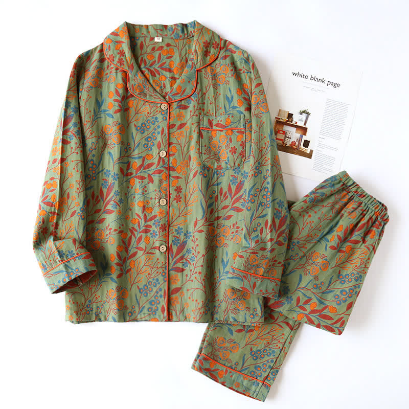 Vintage Loungewear Set met Blaaddessin - Katoenen Pyjama met Klassiek Jacquardpatroon voor Dames en Heren - Comfortabele Homewear | Sulvida