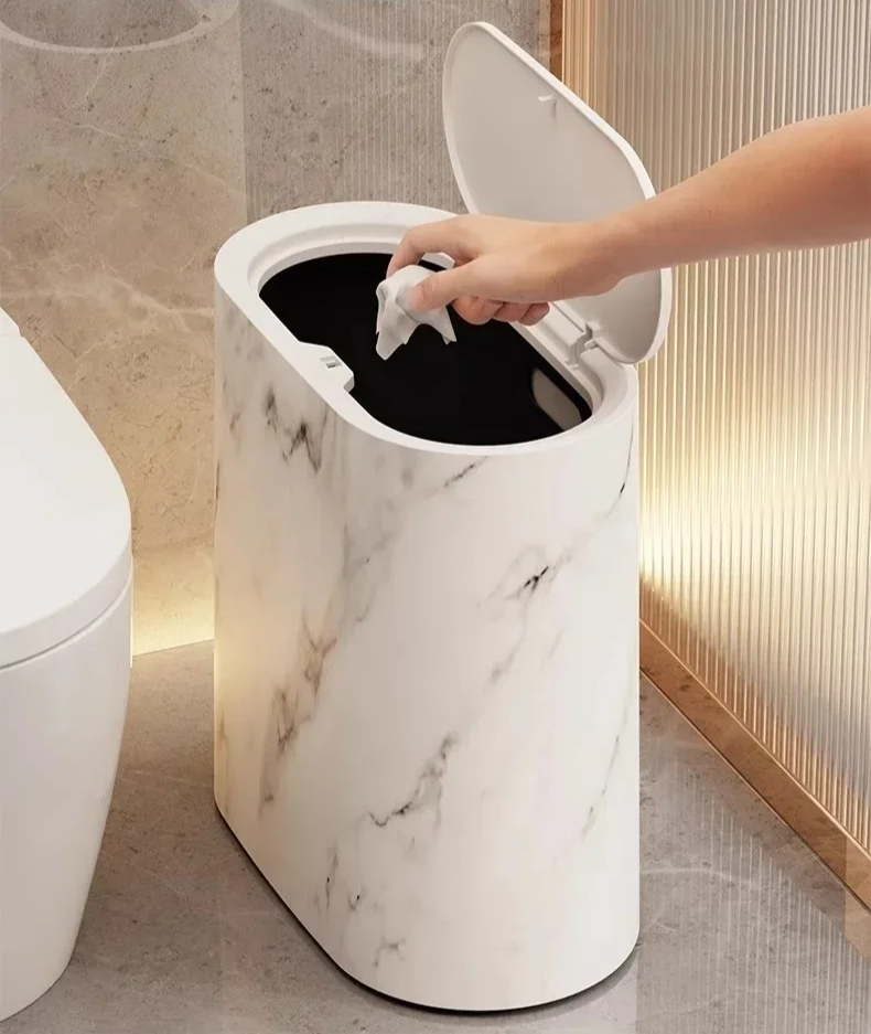 Ovale afvalbak met marmerpatroon drukdeksel prullenbak voor toilet badkamer keuken slaapkamer kantoor | Sulvida